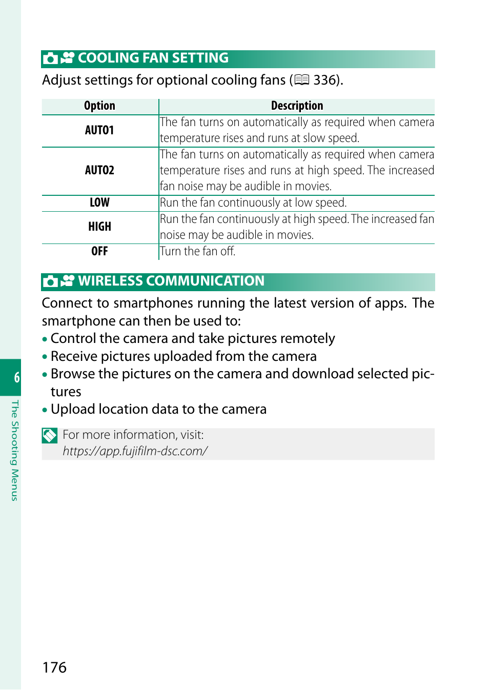 Cooling fan setting, Wireless communication | FujiFilm X-H2 Mirrorless Camera User Manual | Page 200 / 404