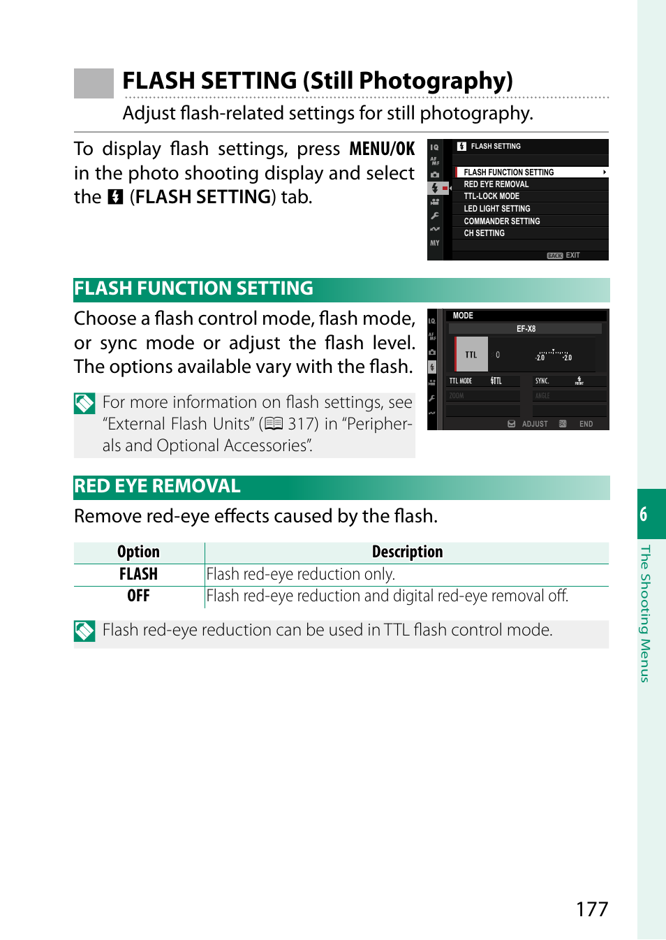 Flash setting (still photography), Flash function setting, Red eye removal | Flash function setting red eye removal | FujiFilm X-H2 Mirrorless Camera User Manual | Page 201 / 404