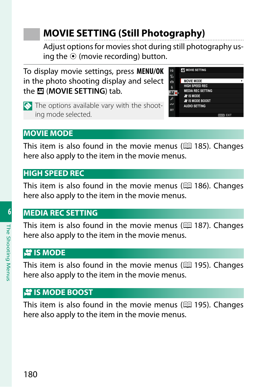 Movie setting (still photography), Movie mode, High speed rec | Media rec setting, Is mode, Is mode boost, Movie mode high speed rec media rec setting | FujiFilm X-H2 Mirrorless Camera User Manual | Page 204 / 404