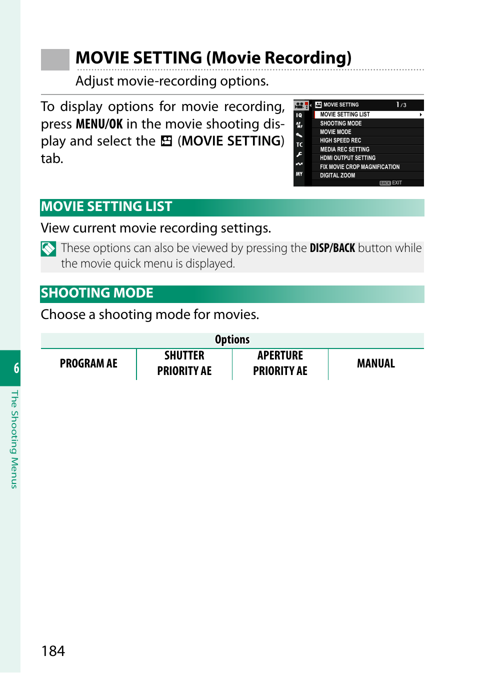 Movie setting (movie recording), Movie setting list, Shooting mode | Movie setting list shooting mode, Shooting mode choose a shooting mode for movies | FujiFilm X-H2 Mirrorless Camera User Manual | Page 208 / 404