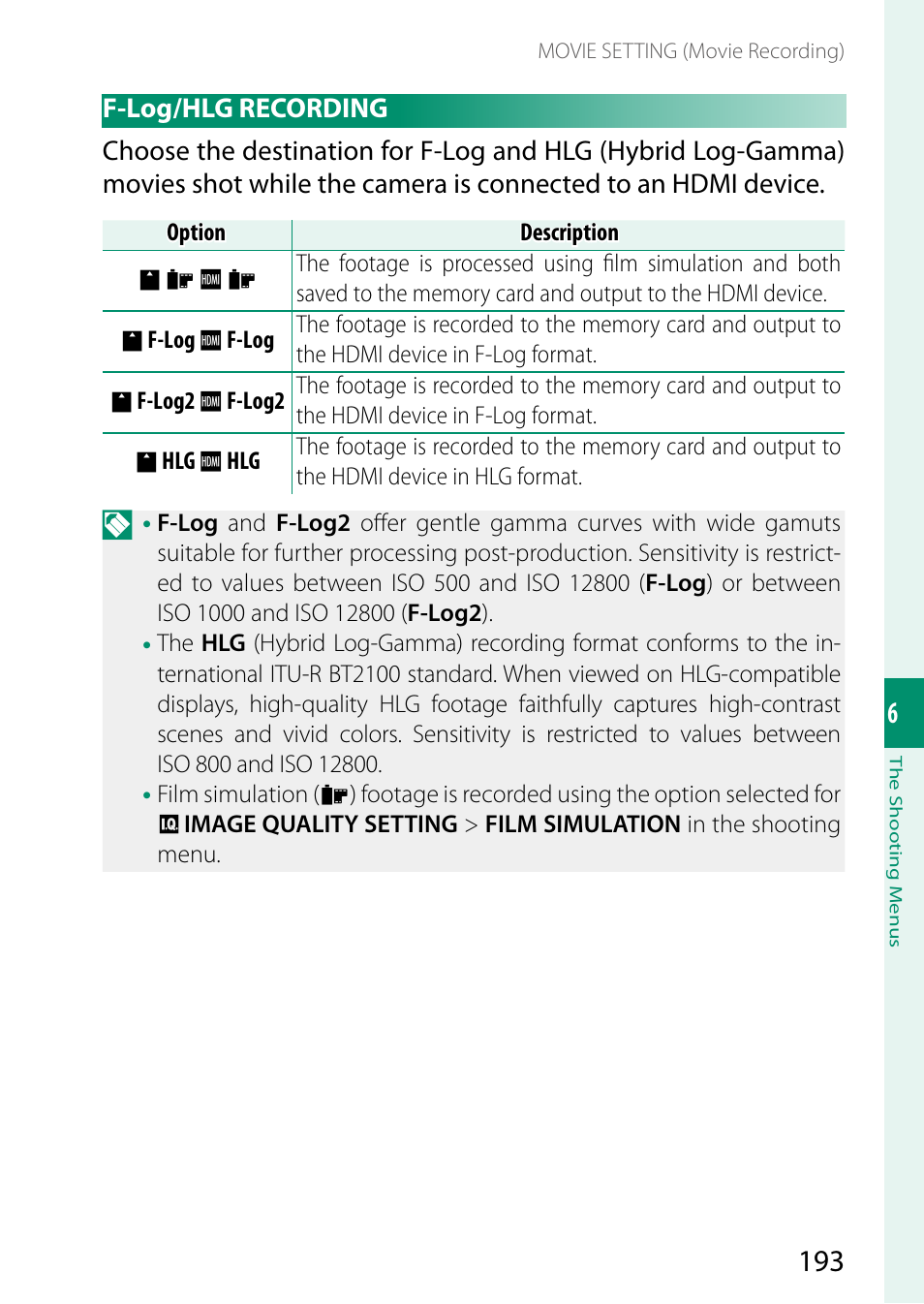 F-log/hlg recording | FujiFilm X-H2 Mirrorless Camera User Manual | Page 217 / 404