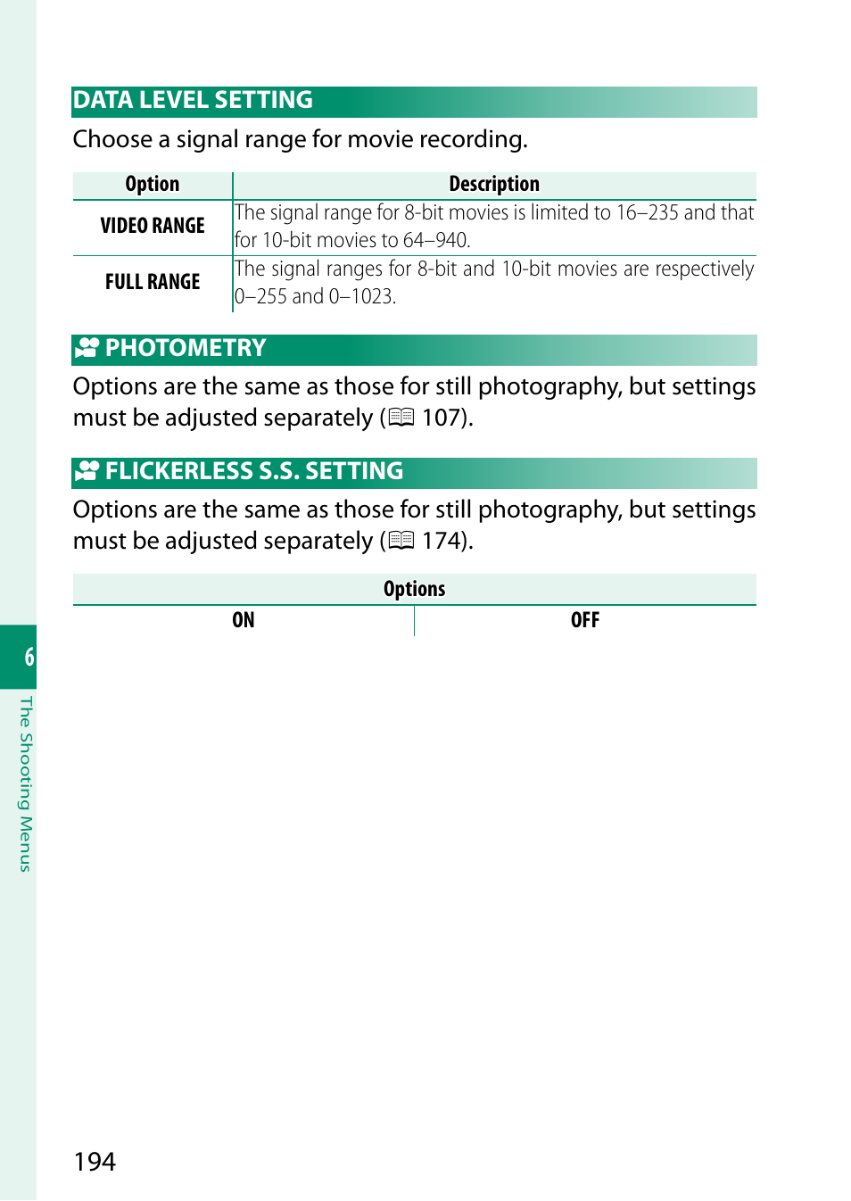 Data level setting, Photometry, Flickerless s.s. setting | FujiFilm X-H2 Mirrorless Camera User Manual | Page 218 / 404