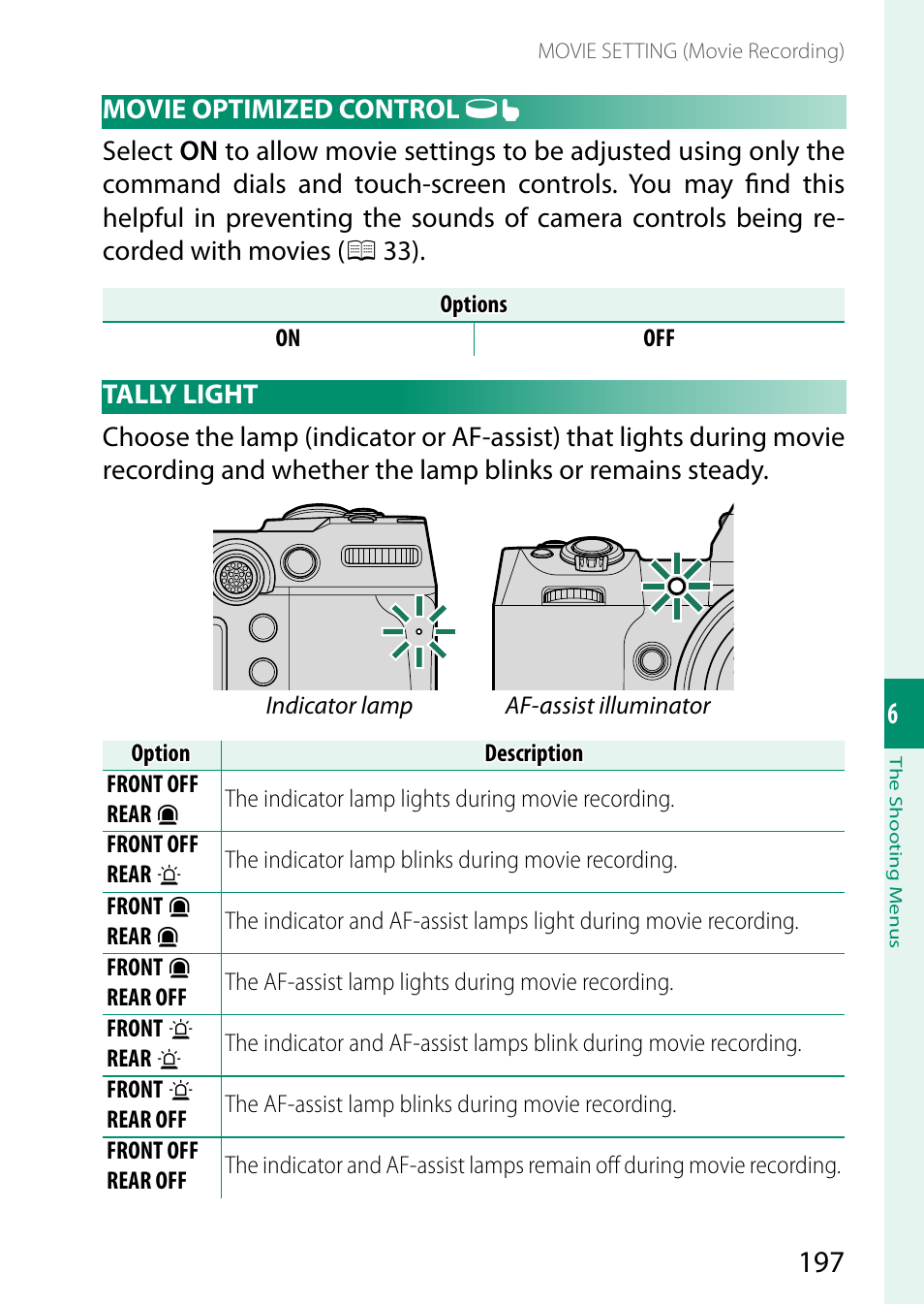 Movie optimized control, Tally light | FujiFilm X-H2 Mirrorless Camera User Manual | Page 221 / 404