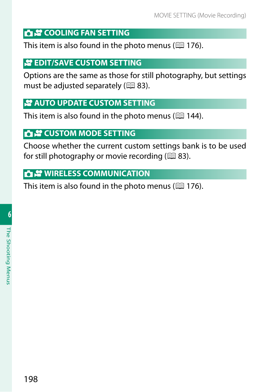 Cooling fan setting, Edit/save custom setting, Auto update custom setting | Custom mode setting, Wireless communication | FujiFilm X-H2 Mirrorless Camera User Manual | Page 222 / 404