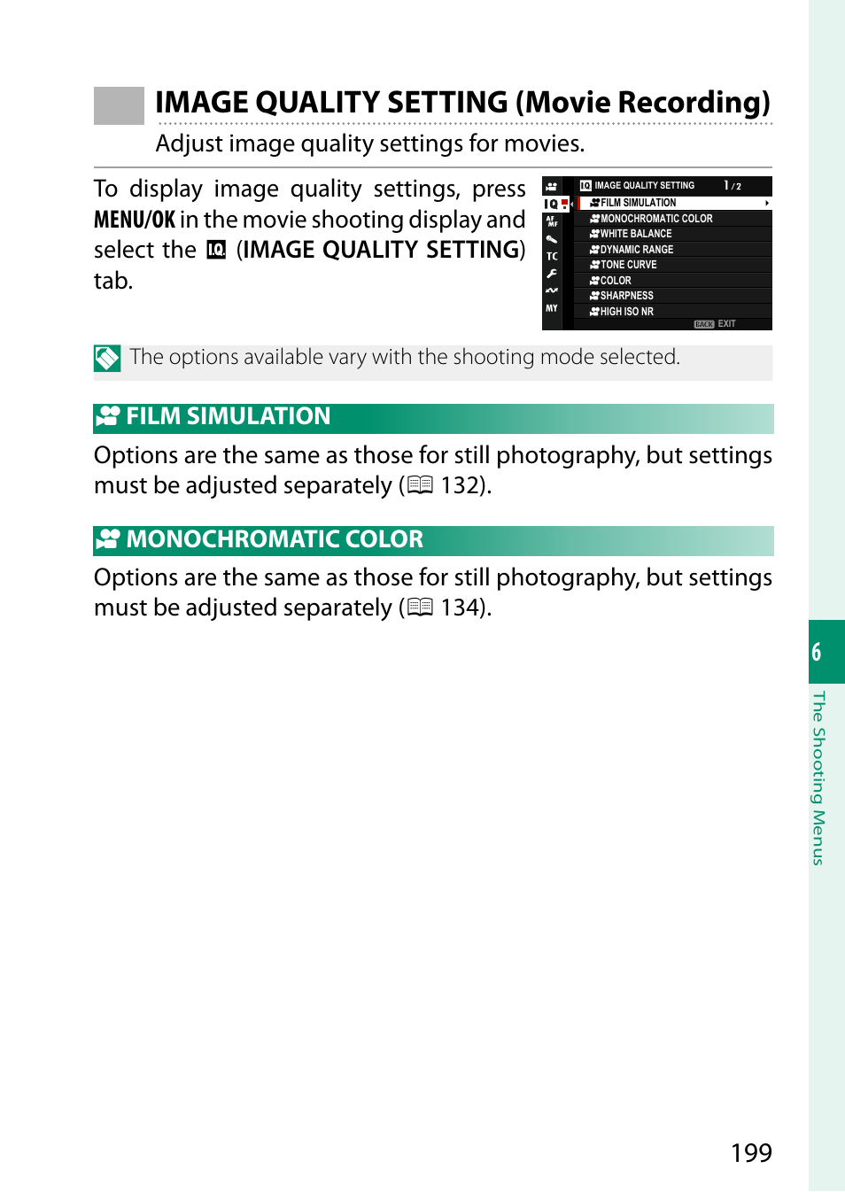 Image quality setting (movie recording), Film simulation, Monochromatic color | FujiFilm X-H2 Mirrorless Camera User Manual | Page 223 / 404