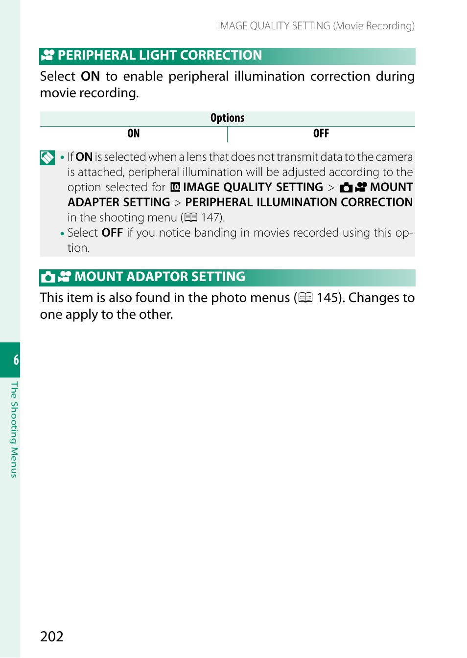 Peripheral light correction, Mount adaptor setting | FujiFilm X-H2 Mirrorless Camera User Manual | Page 226 / 404