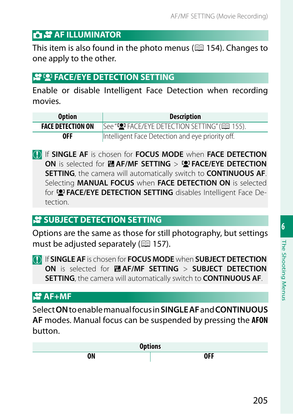 Af illuminator, Face/eye detection setting, Subject detection setting | Af+mf | FujiFilm X-H2 Mirrorless Camera User Manual | Page 229 / 404