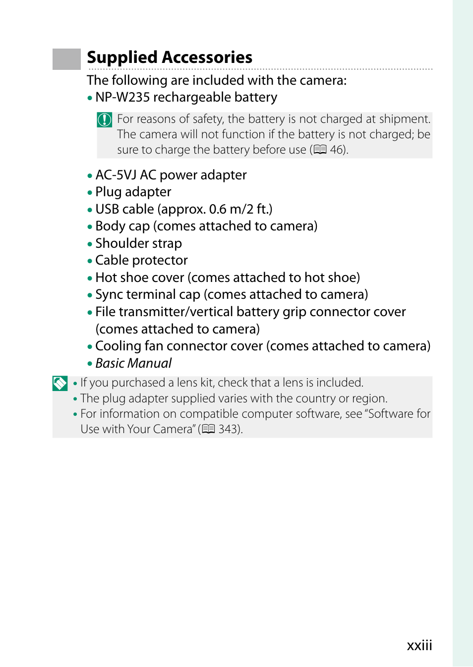 Supplied accessories | FujiFilm X-H2 Mirrorless Camera User Manual | Page 23 / 404