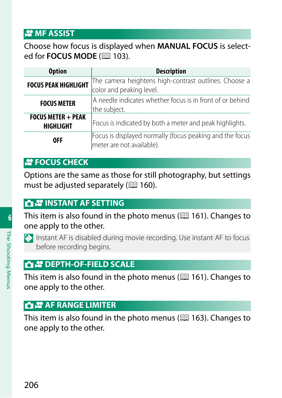 Mf assist, Focus check, Instant af setting | Depth-of-field scale, Af range limiter | FujiFilm X-H2 Mirrorless Camera User Manual | Page 230 / 404