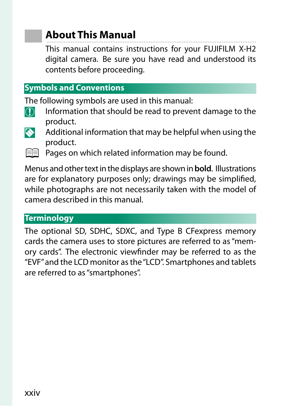 About this manual, Symbols and conventions, Terminology | FujiFilm X-H2 Mirrorless Camera User Manual | Page 24 / 404