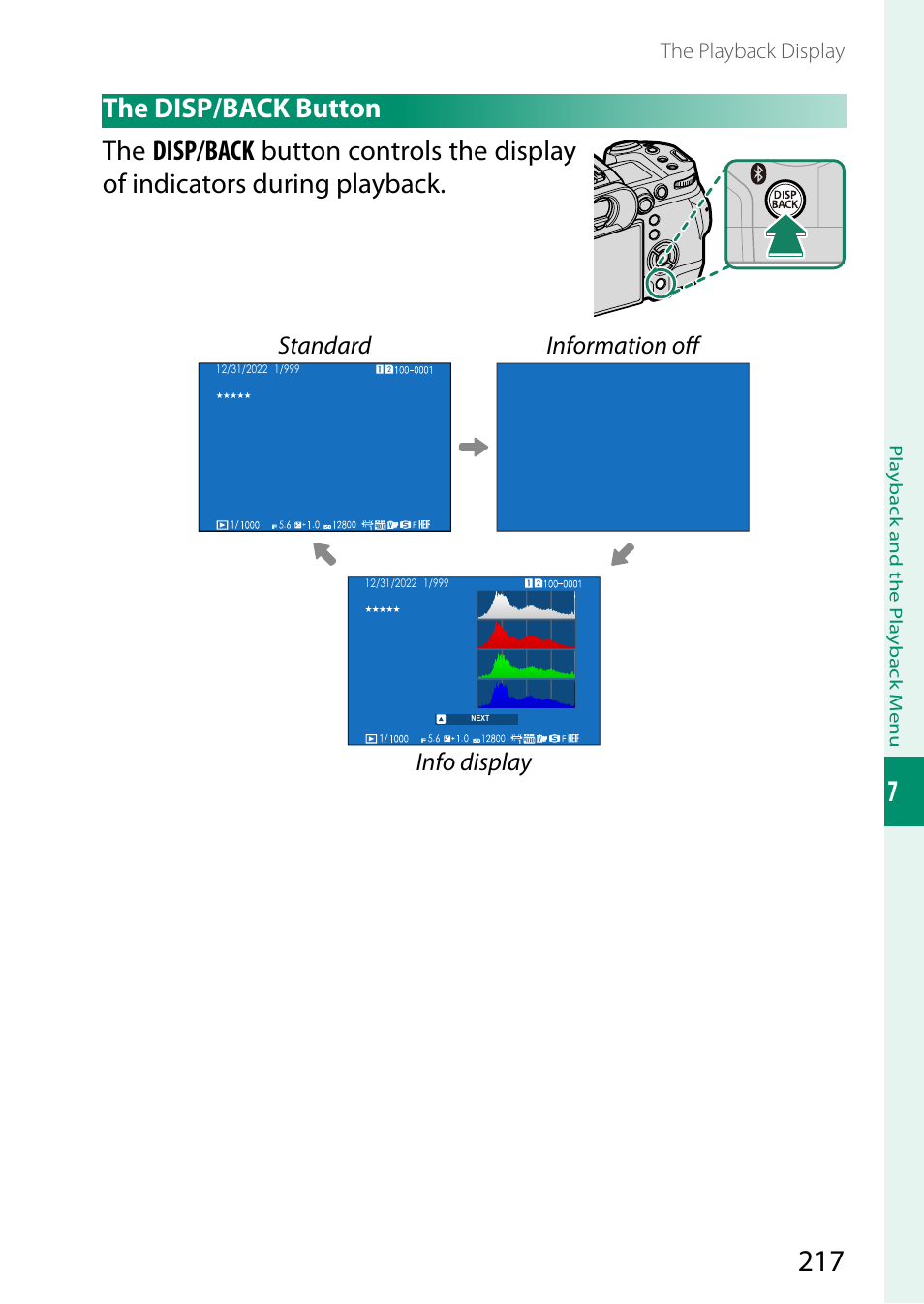 The disp/back button, Standard information off, Info display | FujiFilm X-H2 Mirrorless Camera User Manual | Page 241 / 404