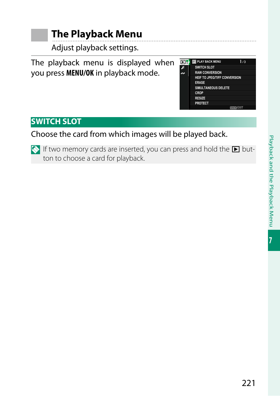 The playback menu, Switch slot | FujiFilm X-H2 Mirrorless Camera User Manual | Page 245 / 404