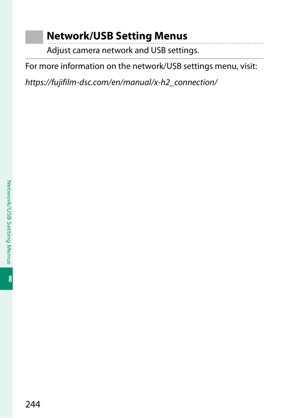 Network/usb setting menus | FujiFilm X-H2 Mirrorless Camera User Manual | Page 268 / 404