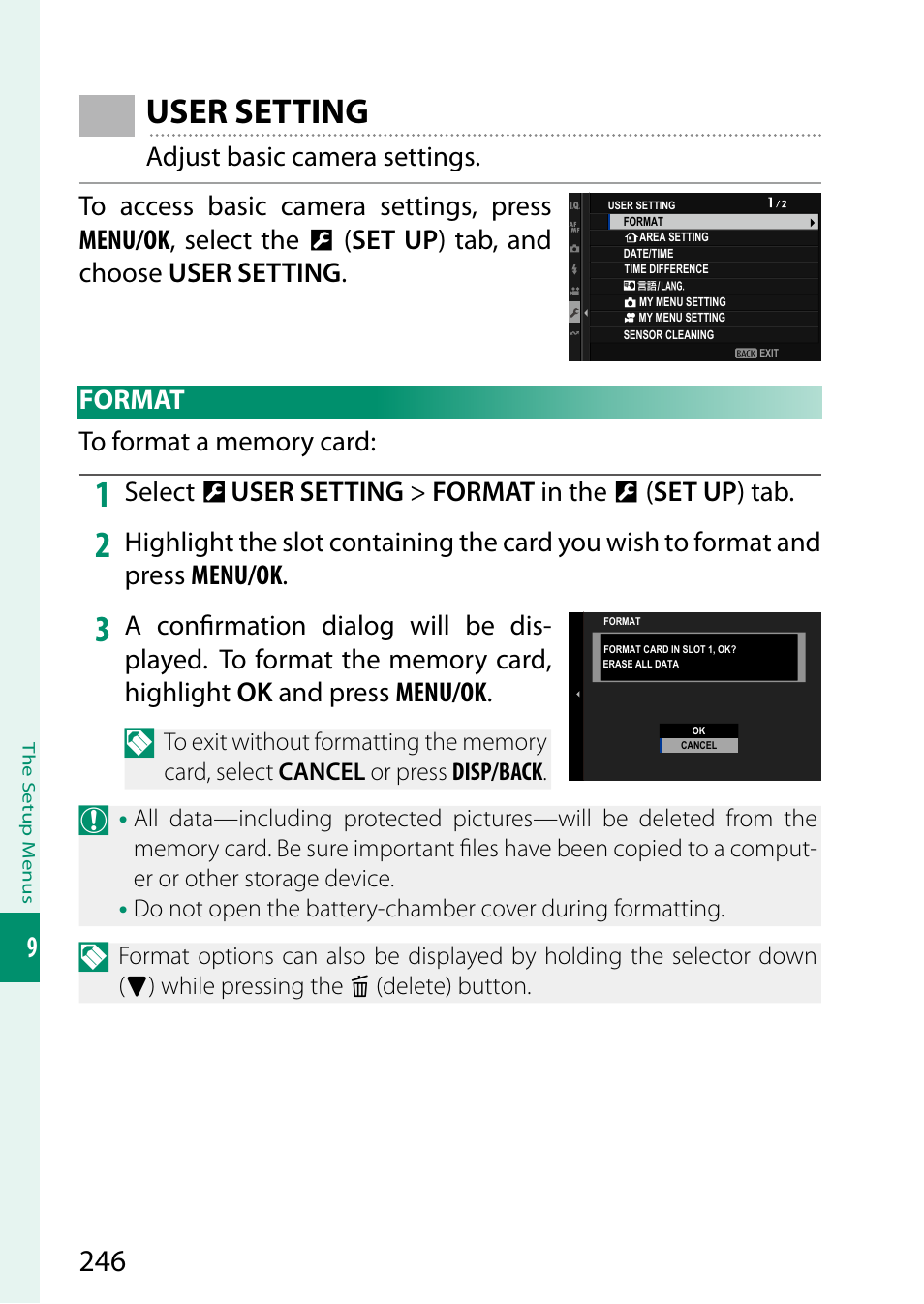 User setting, Format | FujiFilm X-H2 Mirrorless Camera User Manual | Page 270 / 404