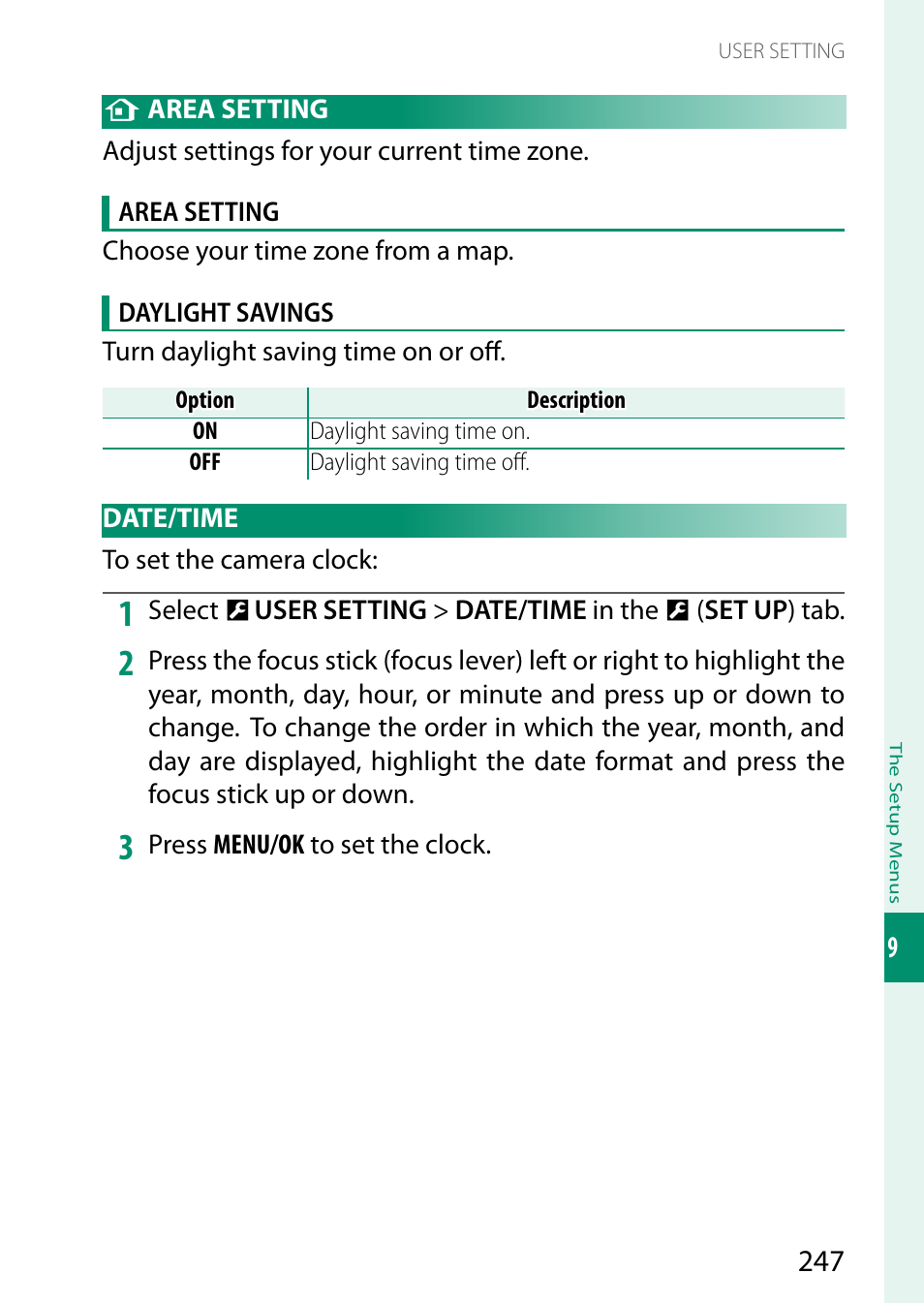 Area setting, Date/time | FujiFilm X-H2 Mirrorless Camera User Manual | Page 271 / 404