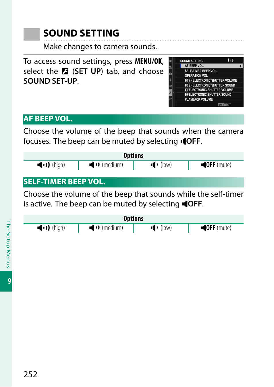 Sound setting, Af beep vol, Self-timer beep vol | Af beep vol self-timer beep vol | FujiFilm X-H2 Mirrorless Camera User Manual | Page 276 / 404