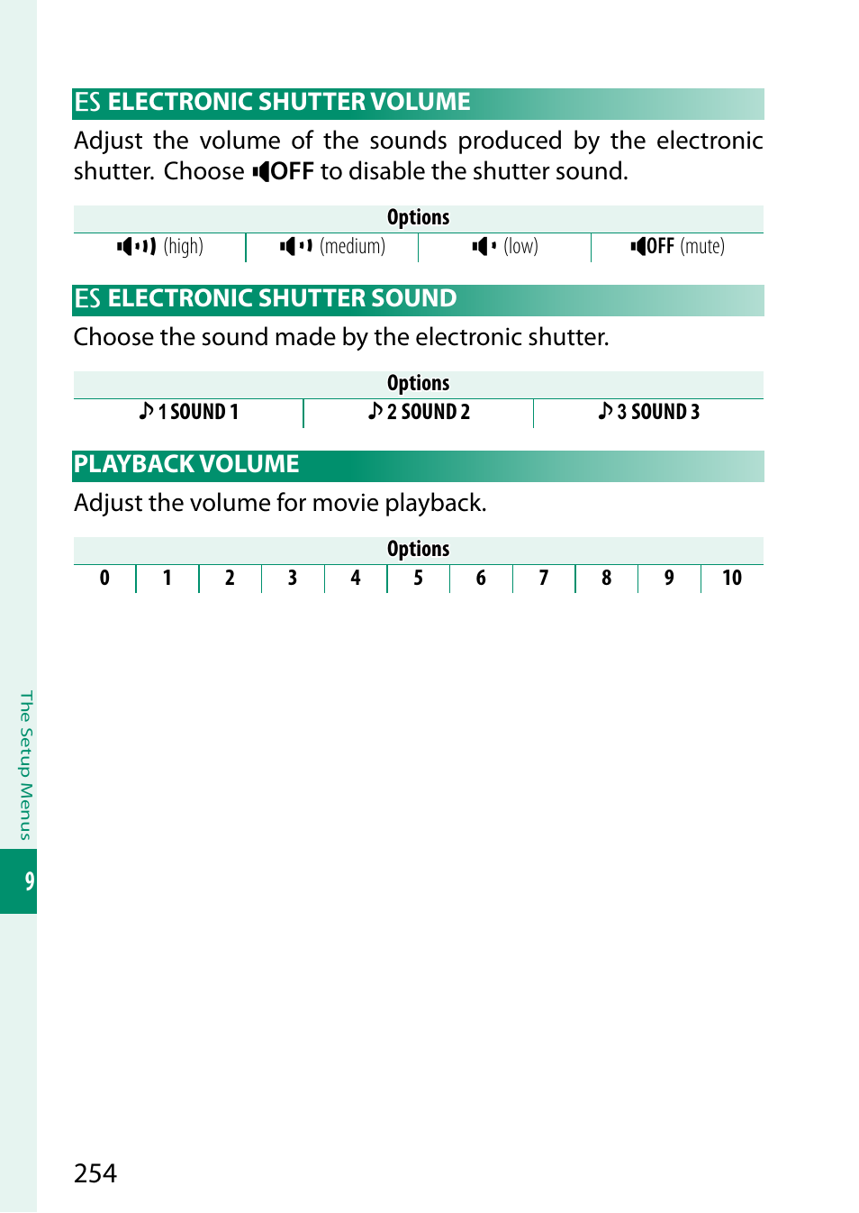 Electronic shutter volume, Electronic shutter sound, Playback volume | FujiFilm X-H2 Mirrorless Camera User Manual | Page 278 / 404