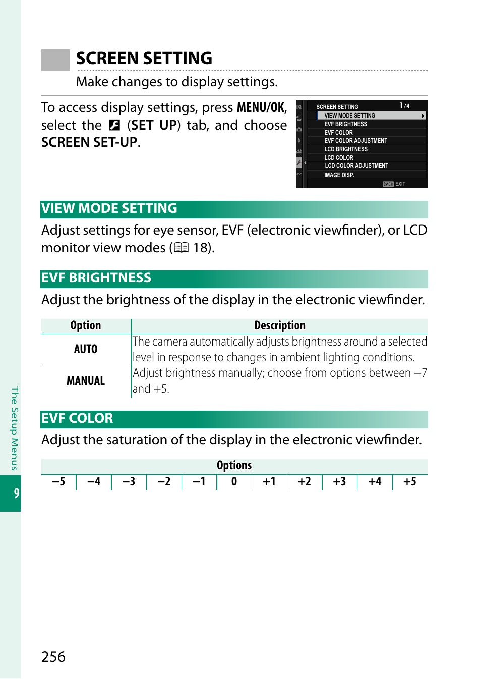 Screen setting, View mode setting, Evf brightness | Evf color, View mode setting evf brightness evf color | FujiFilm X-H2 Mirrorless Camera User Manual | Page 280 / 404