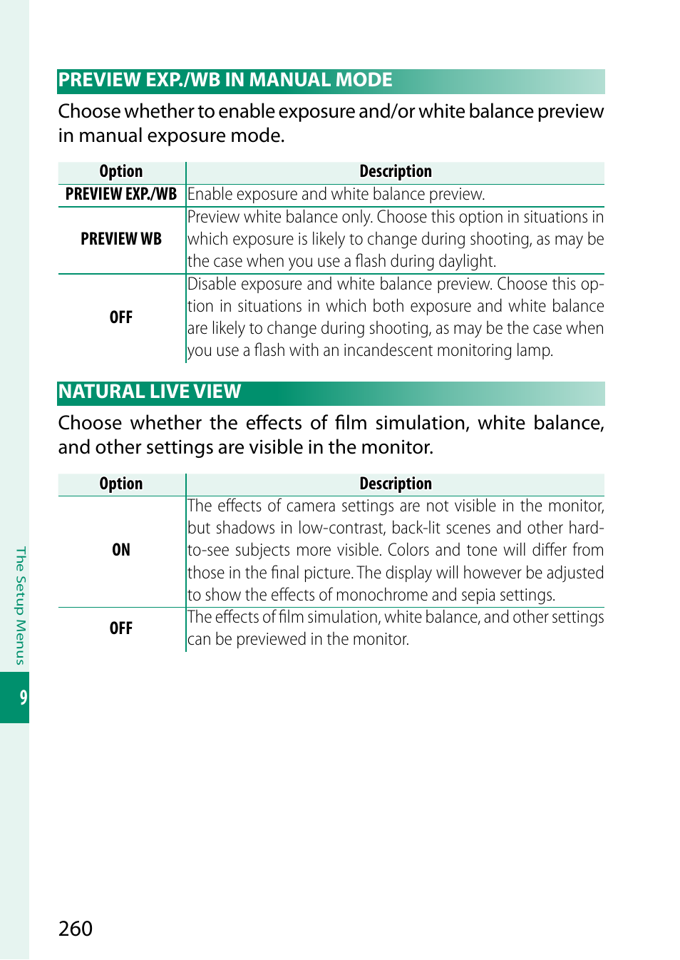 Preview exp./wb in manual mode, Natural live view, Preview exp./wb in manual mode natural live view | FujiFilm X-H2 Mirrorless Camera User Manual | Page 284 / 404