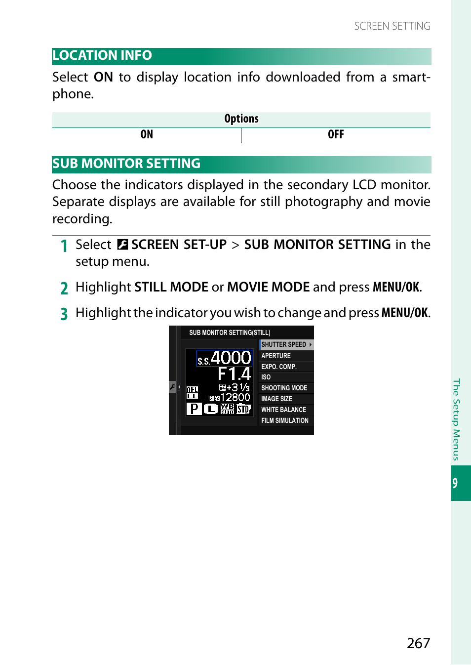 Location info, Sub monitor setting, Location info sub monitor setting | FujiFilm X-H2 Mirrorless Camera User Manual | Page 291 / 404