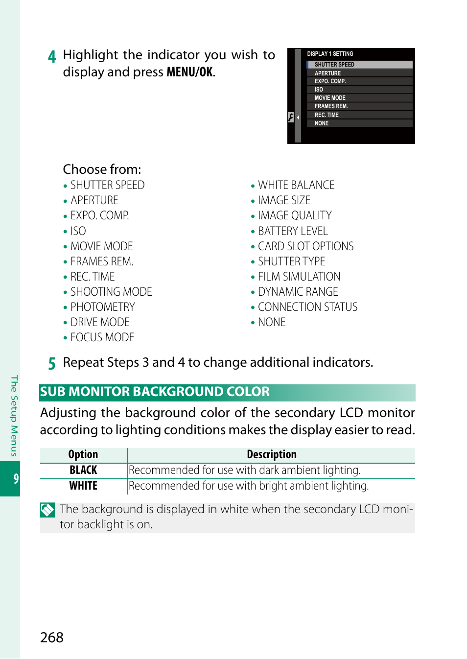 Sub monitor background color | FujiFilm X-H2 Mirrorless Camera User Manual | Page 292 / 404