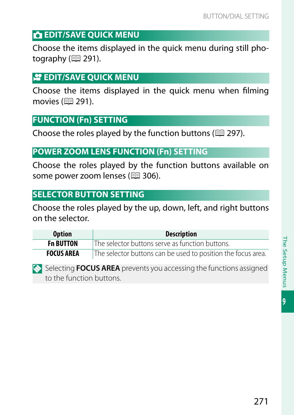 Edit/save quick menu, Function (fn) setting, Power zoom lens function (fn) setting | Selector button setting | FujiFilm X-H2 Mirrorless Camera User Manual | Page 295 / 404