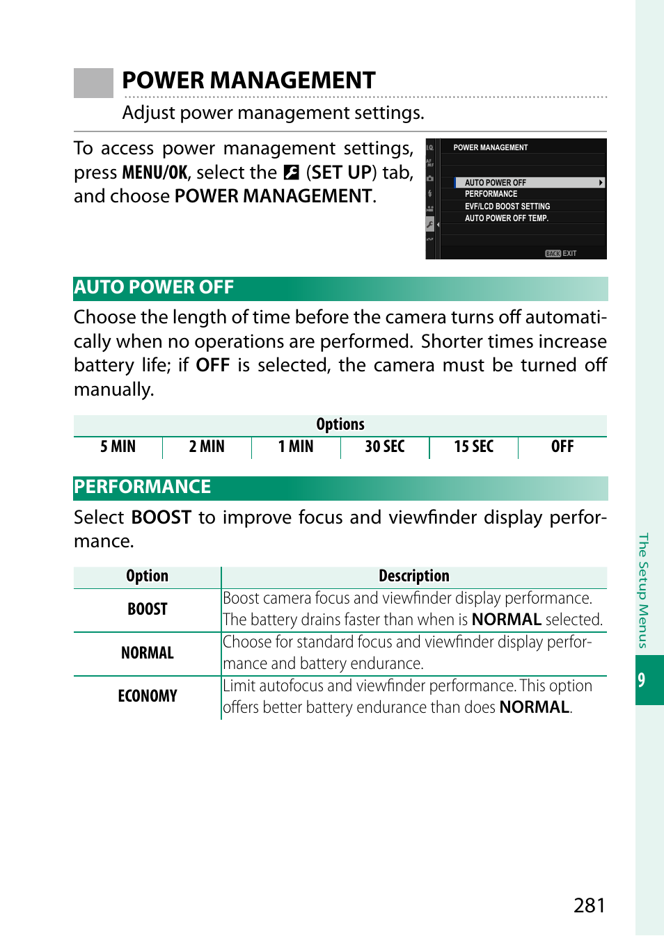 Power management, Auto power off, Performance | Auto power off performance | FujiFilm X-H2 Mirrorless Camera User Manual | Page 305 / 404