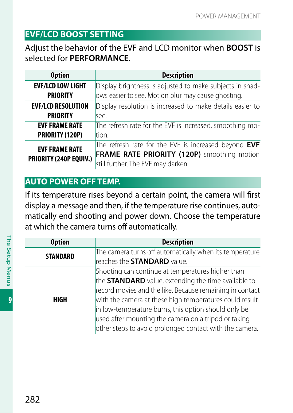 Evf/lcd boost setting, Auto power off temp, Evf/lcd boost setting auto power off temp | FujiFilm X-H2 Mirrorless Camera User Manual | Page 306 / 404