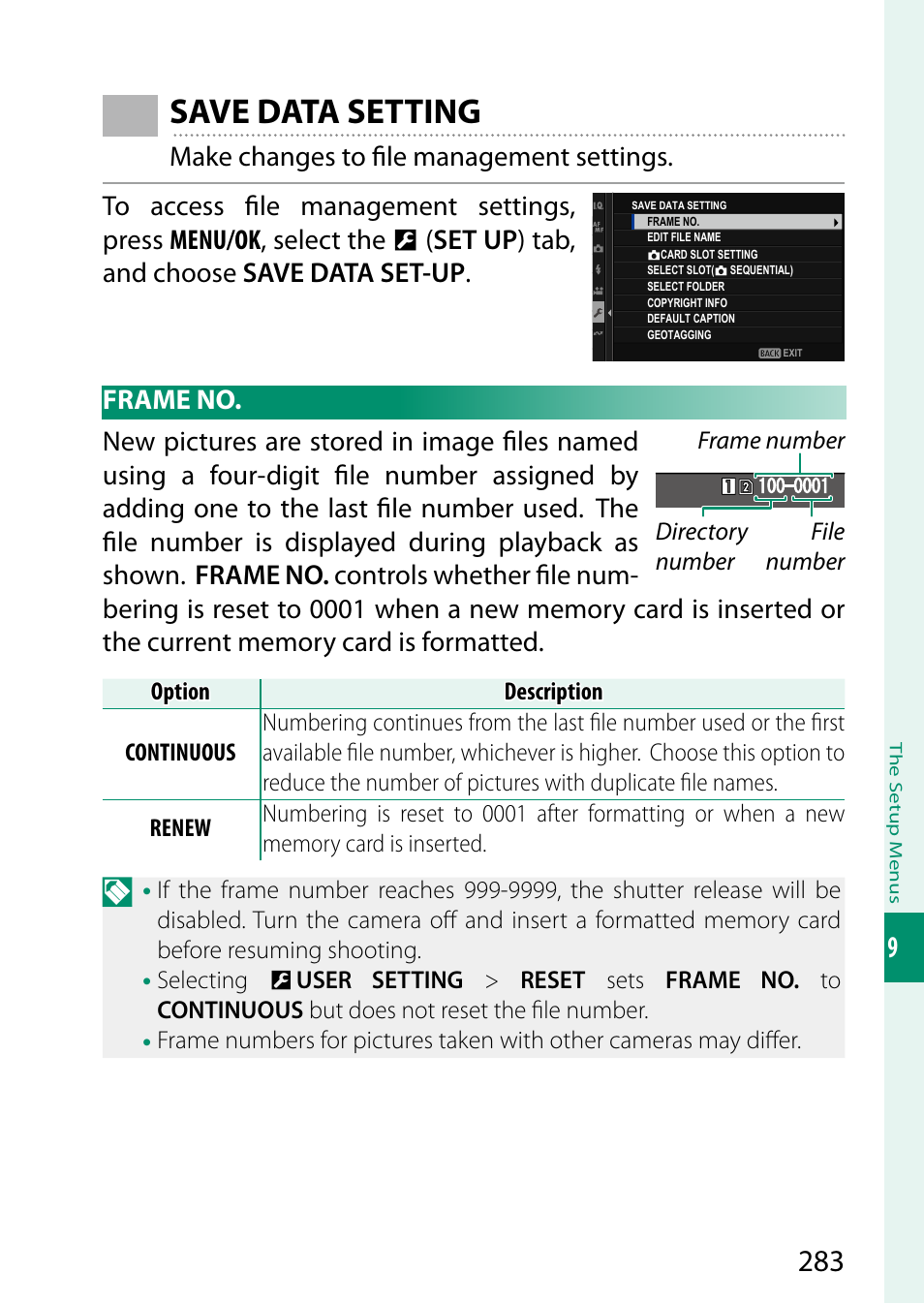 Save data setting, Frame no | FujiFilm X-H2 Mirrorless Camera User Manual | Page 307 / 404