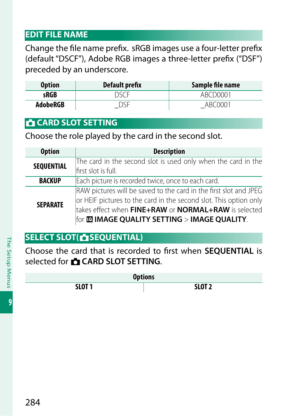 Edit file name, Card slot setting, Select slot(sequential) | Select slot, Sequential) | FujiFilm X-H2 Mirrorless Camera User Manual | Page 308 / 404