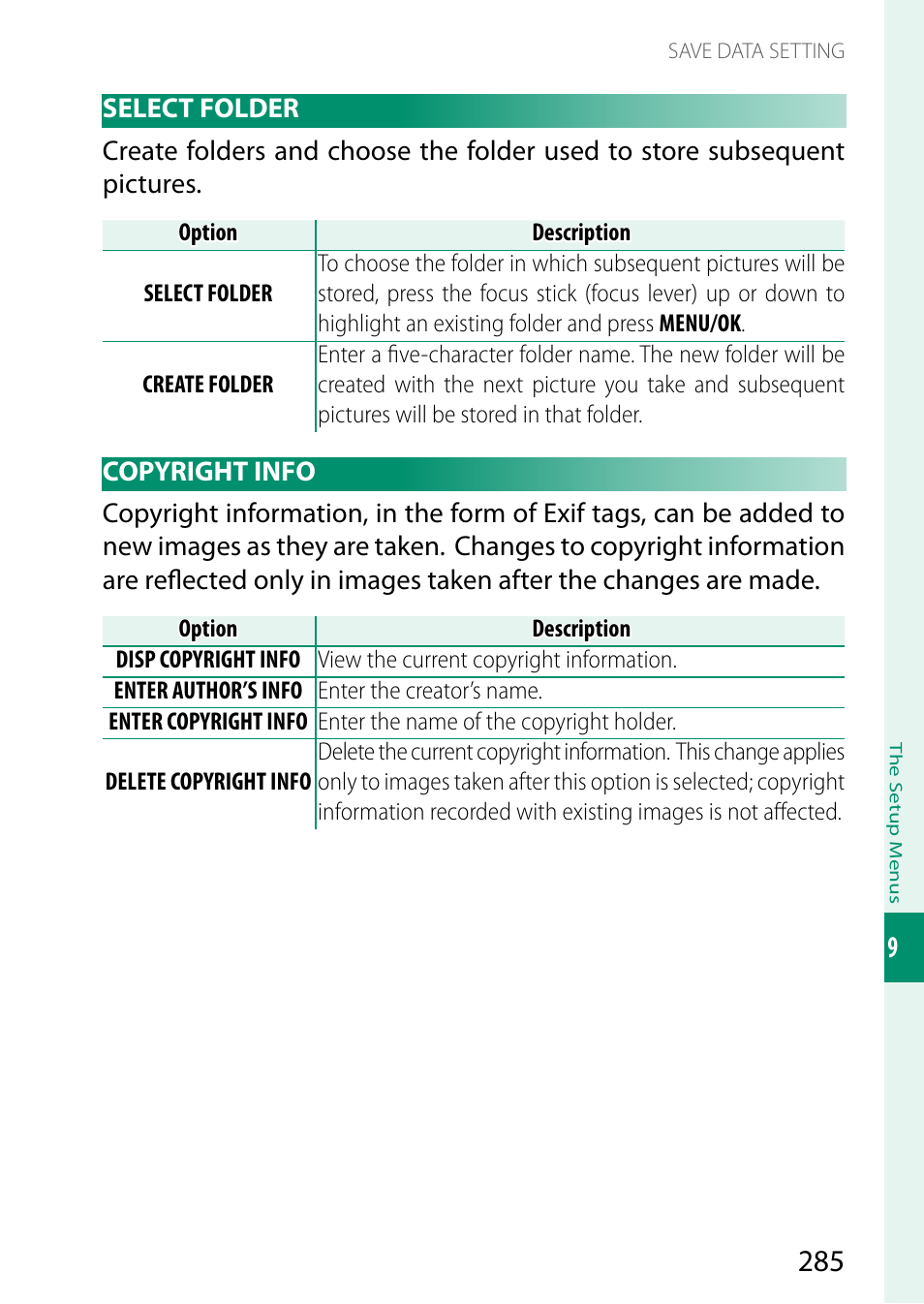 Select folder, Copyright info, Select folder copyright info | FujiFilm X-H2 Mirrorless Camera User Manual | Page 309 / 404