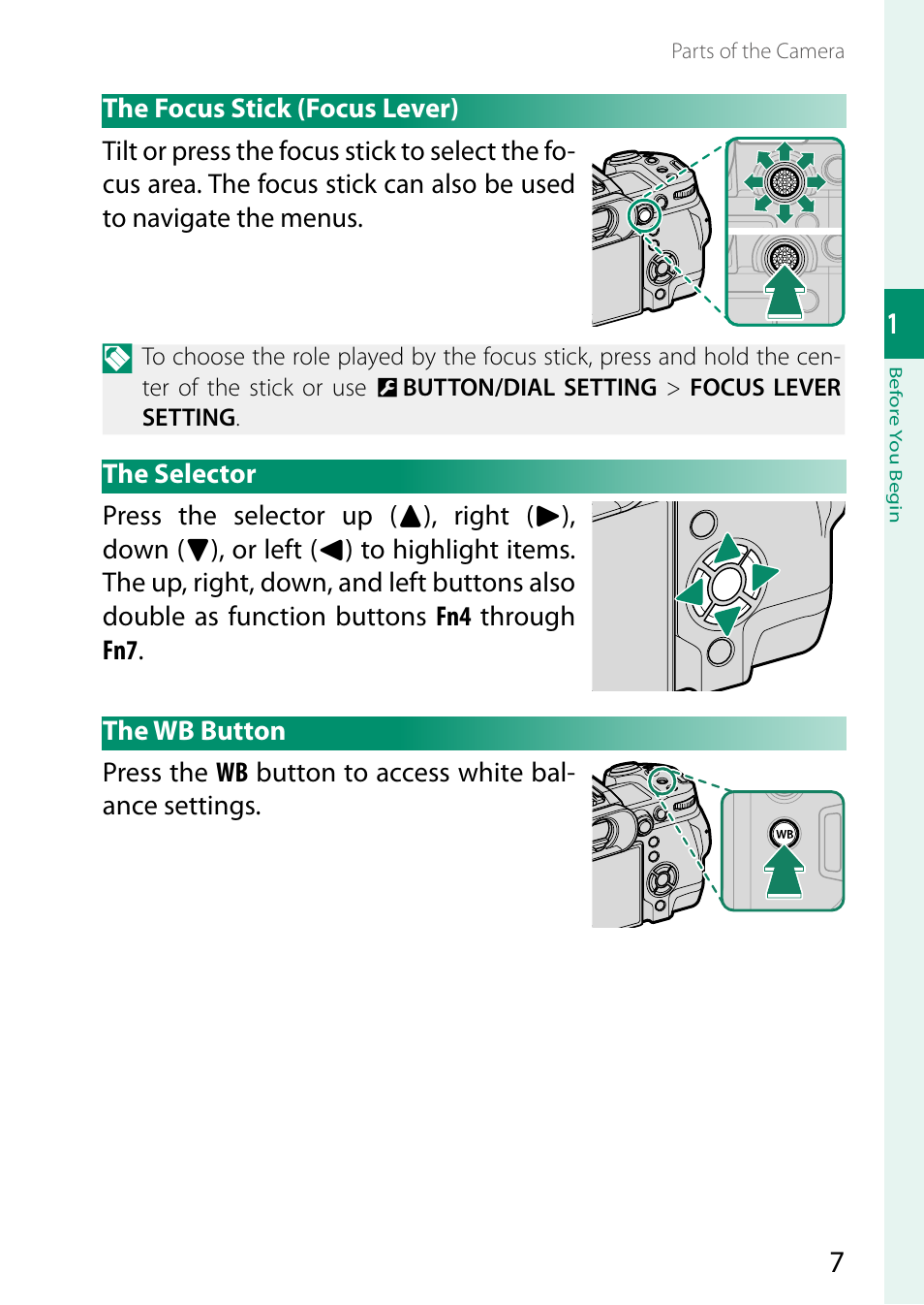 The focus stick (focus lever), The selector, The wb button | FujiFilm X-H2 Mirrorless Camera User Manual | Page 31 / 404