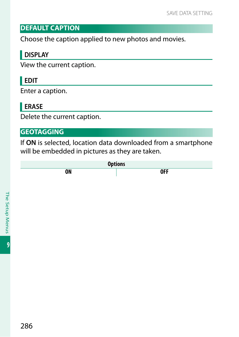 Default caption, Geotagging, Default caption geotagging | FujiFilm X-H2 Mirrorless Camera User Manual | Page 310 / 404