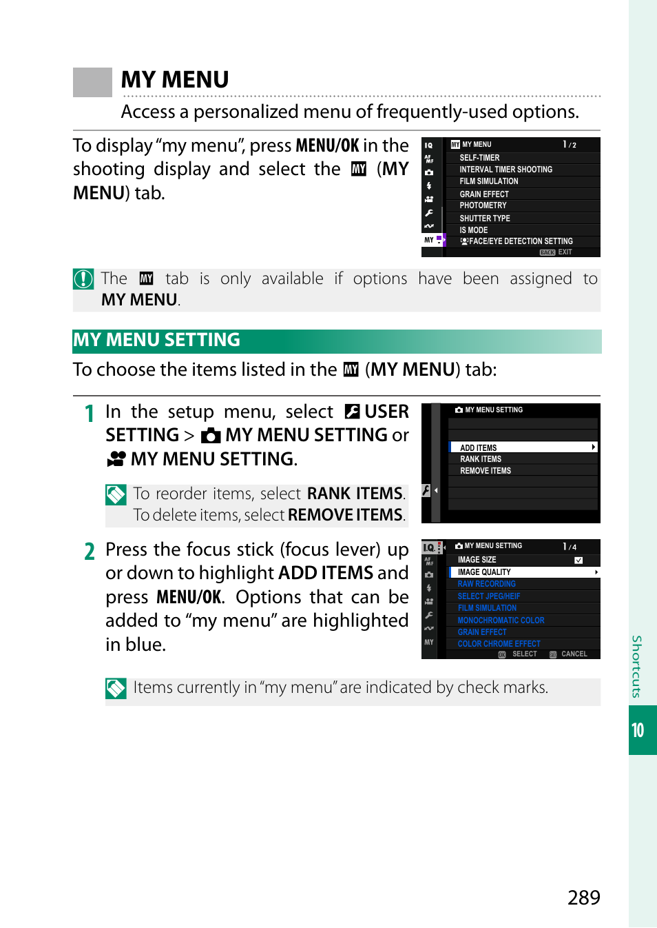 My menu, My menu setting | FujiFilm X-H2 Mirrorless Camera User Manual | Page 313 / 404