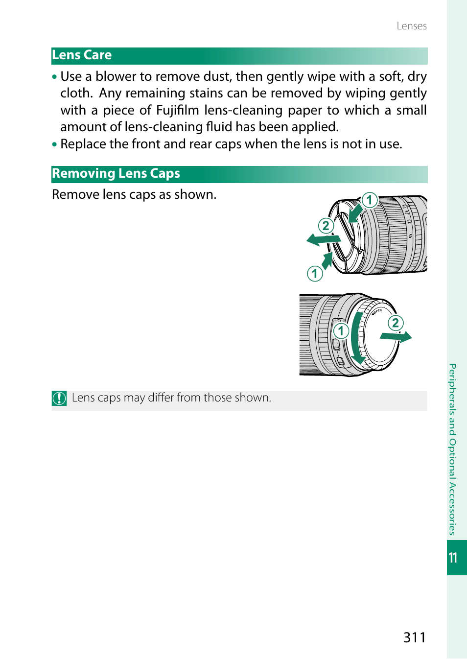 Lens care, Removing lens caps, Lens care removing lens caps | FujiFilm X-H2 Mirrorless Camera User Manual | Page 335 / 404