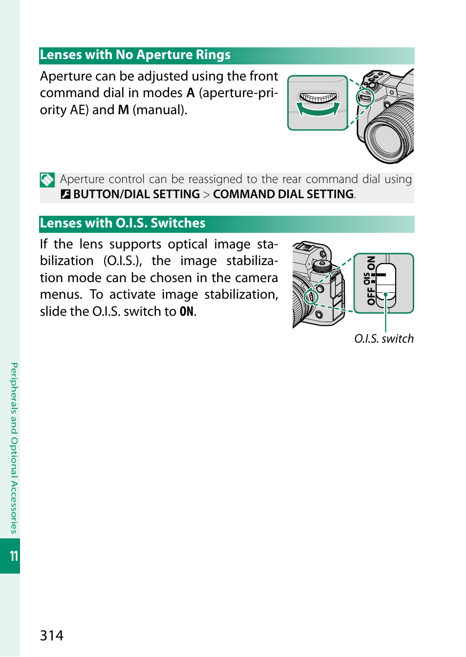 Lenses with no aperture rings, Lenses with o.i.s. switches | FujiFilm X-H2 Mirrorless Camera User Manual | Page 338 / 404