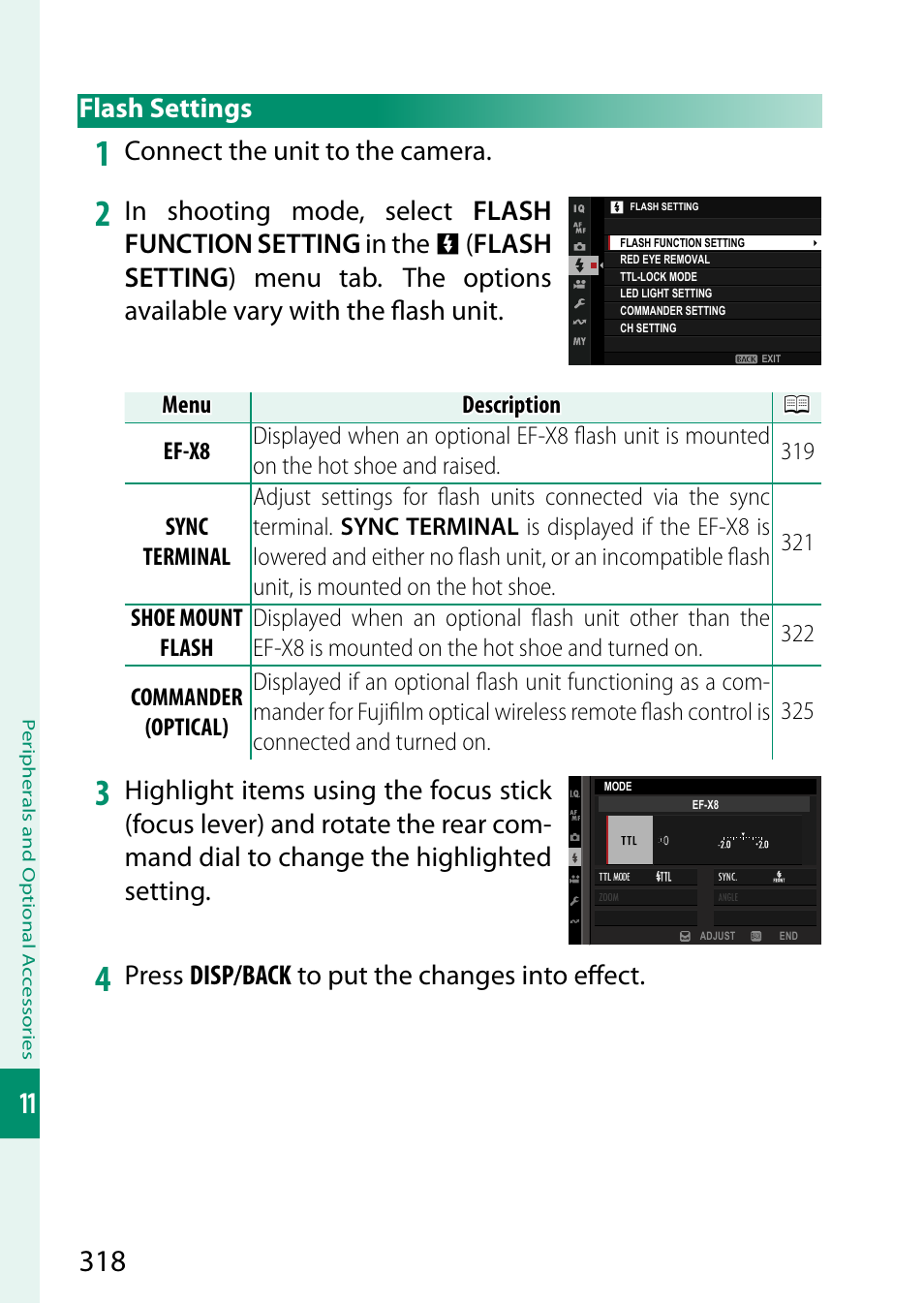 Flash settings, Connect the unit to the camera, Press disp/back to put the changes into eff ect | FujiFilm X-H2 Mirrorless Camera User Manual | Page 342 / 404