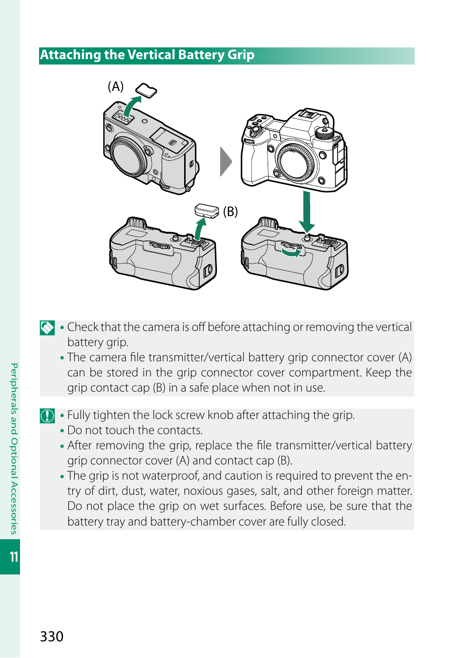 Attaching the vertical battery grip | FujiFilm X-H2 Mirrorless Camera User Manual | Page 354 / 404