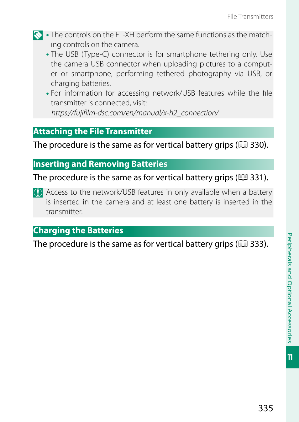 Attaching the file transmitter, Inserting and removing batteries, Charging the batteries | FujiFilm X-H2 Mirrorless Camera User Manual | Page 359 / 404