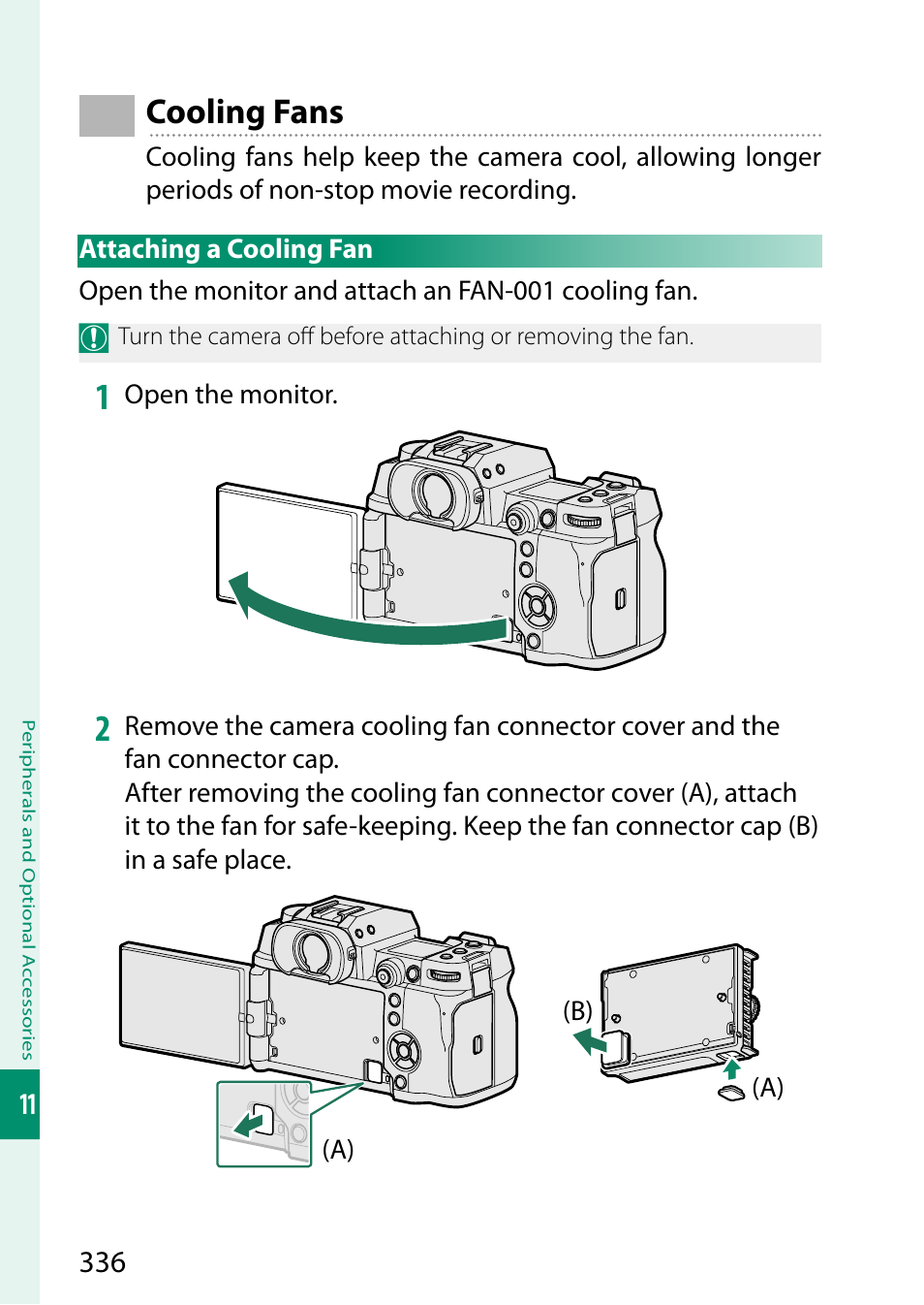 Cooling fans, Attaching a cooling fan | FujiFilm X-H2 Mirrorless Camera User Manual | Page 360 / 404