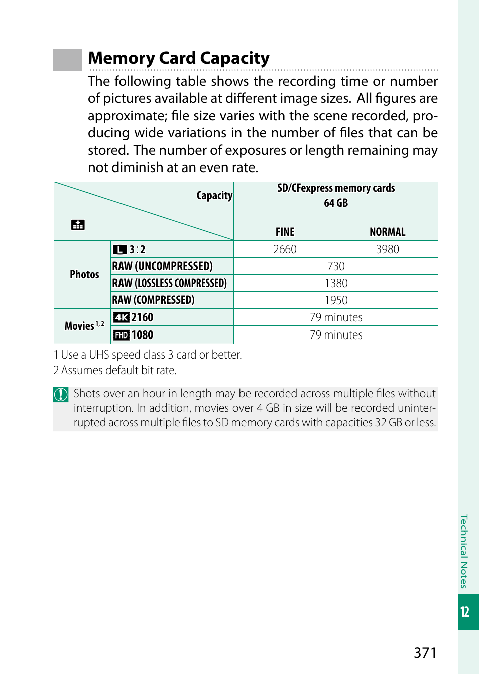 Memory card capacity | FujiFilm X-H2 Mirrorless Camera User Manual | Page 395 / 404