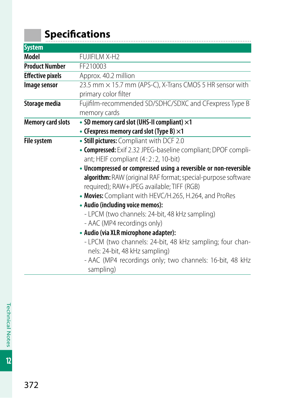 Specifications, Specifi cations | FujiFilm X-H2 Mirrorless Camera User Manual | Page 396 / 404