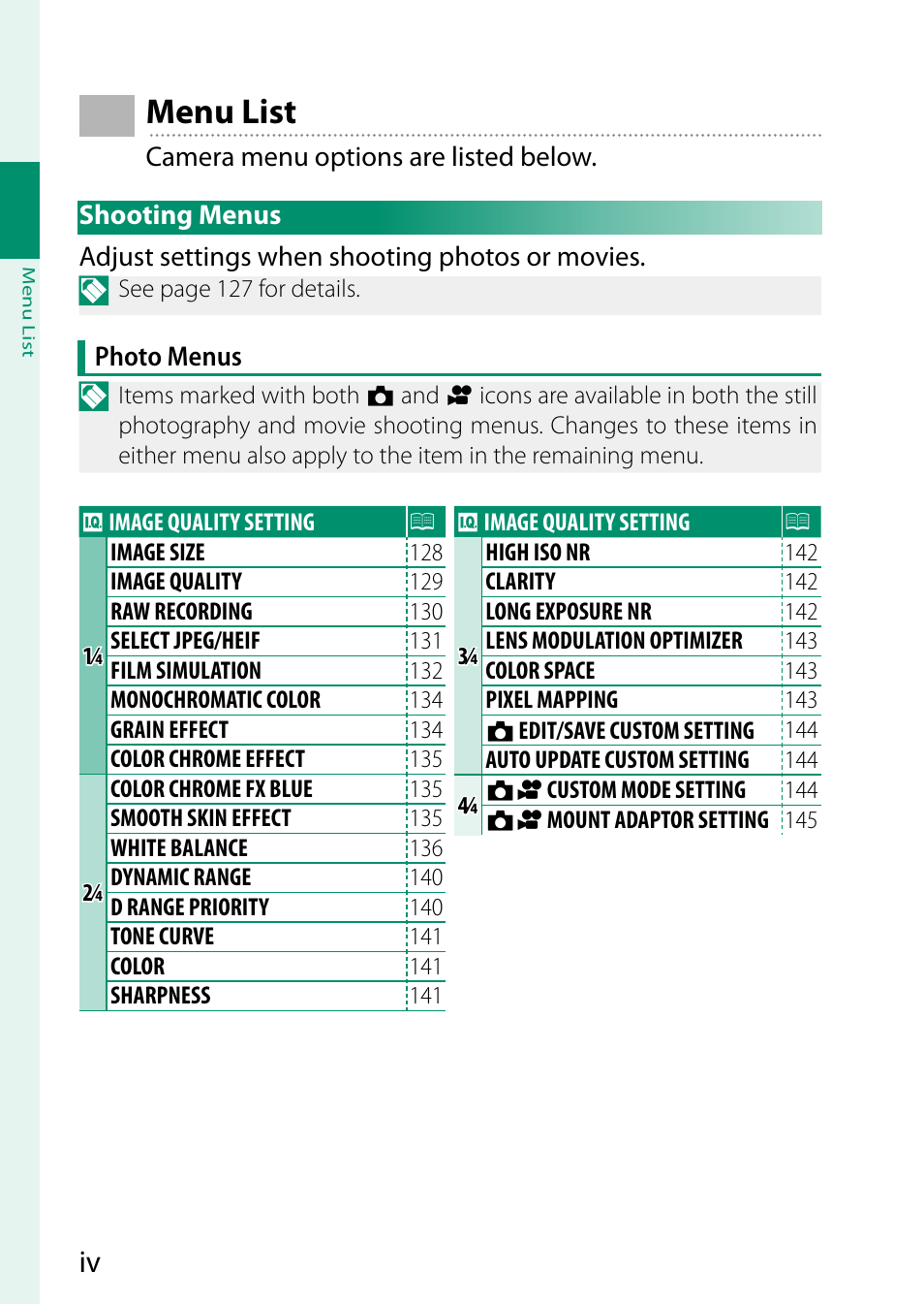 Menu list, Shooting menus | FujiFilm X-H2 Mirrorless Camera User Manual | Page 4 / 404