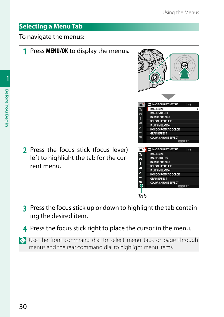 Selecting a menu tab, Selecting a menu tab to navigate the menus, Press menu/ok to display the menus | FujiFilm X-H2 Mirrorless Camera User Manual | Page 54 / 404