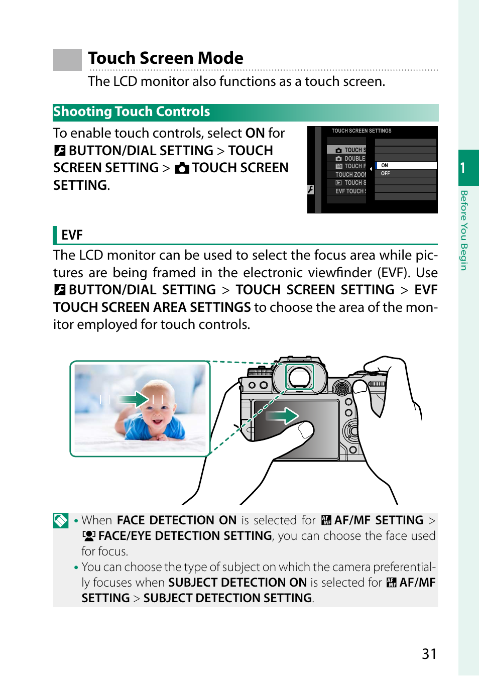 Touch screen mode, Shooting touch controls | FujiFilm X-H2 Mirrorless Camera User Manual | Page 55 / 404