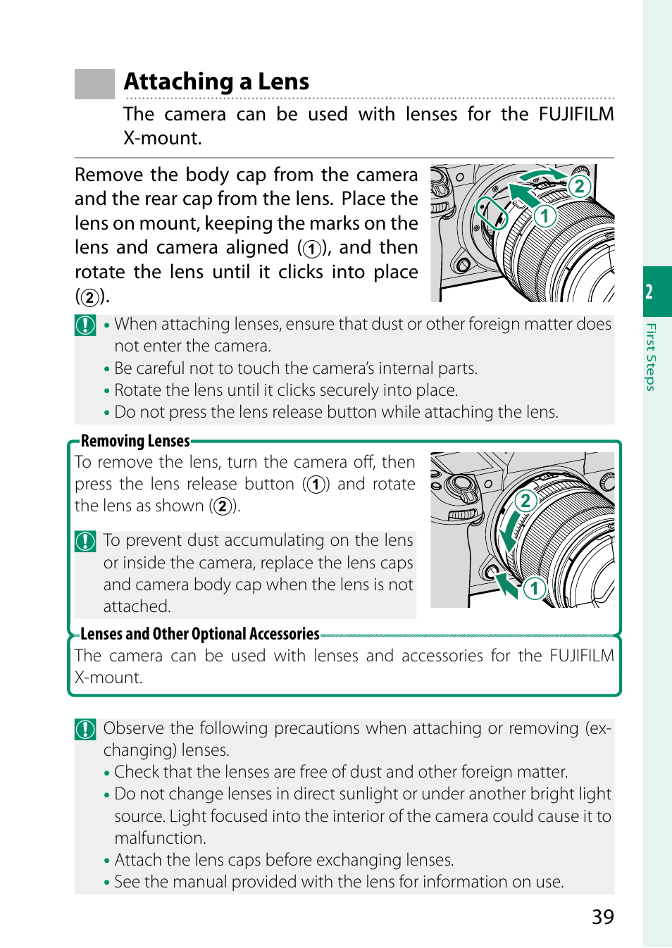 Attaching a lens | FujiFilm X-H2 Mirrorless Camera User Manual | Page 63 / 404