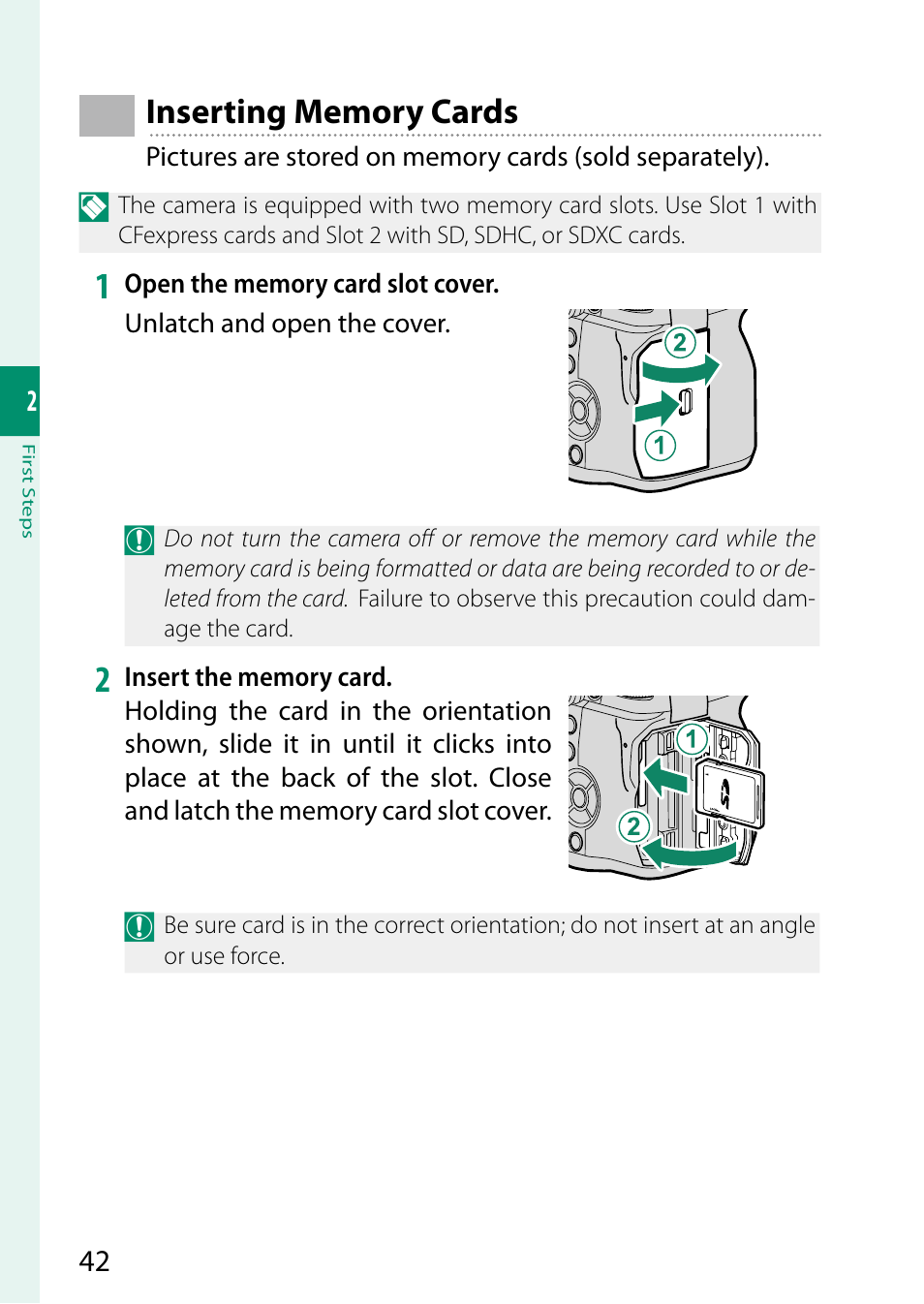 Inserting memory cards | FujiFilm X-H2 Mirrorless Camera User Manual | Page 66 / 404