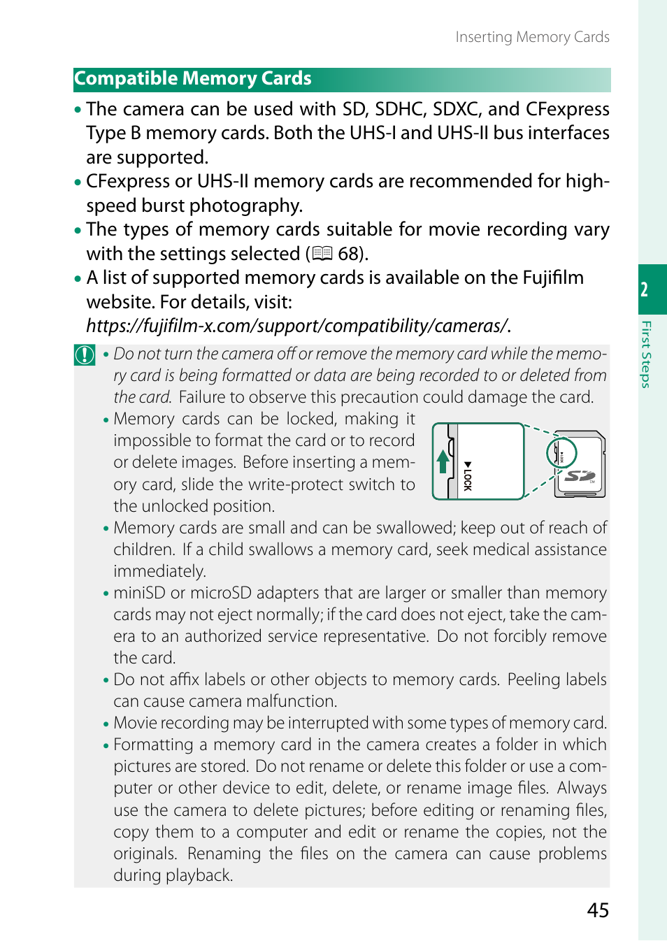 Compatible memory cards | FujiFilm X-H2 Mirrorless Camera User Manual | Page 69 / 404