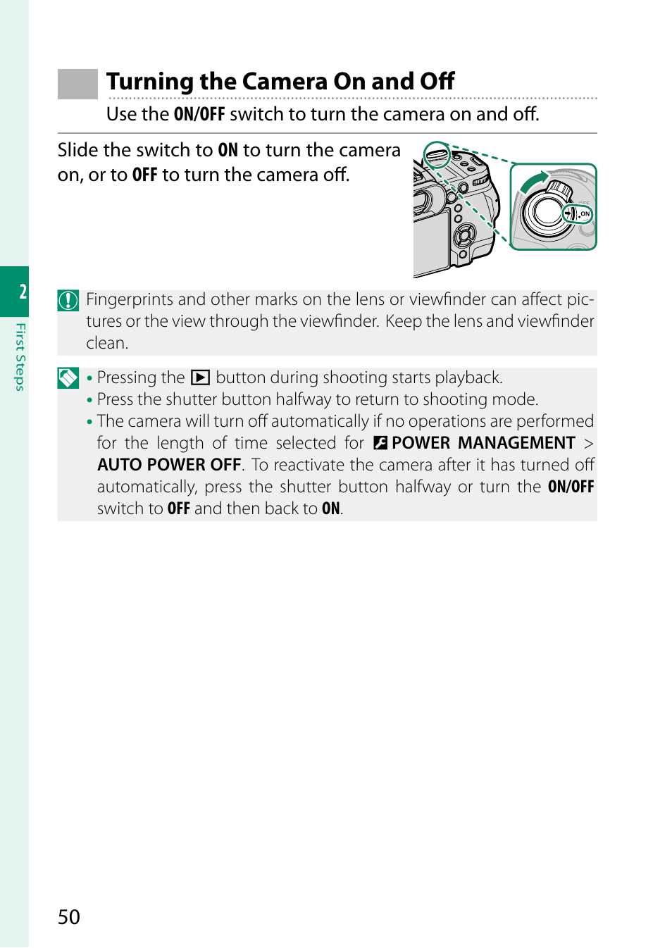 Turning the camera on and off | FujiFilm X-H2 Mirrorless Camera User Manual | Page 74 / 404