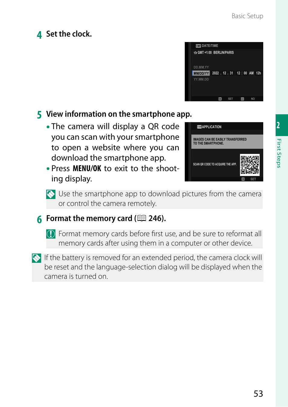 Set the clock, View information on the smartphone app, Press menu/ok to exit to the shoot- ing display | FujiFilm X-H2 Mirrorless Camera User Manual | Page 77 / 404